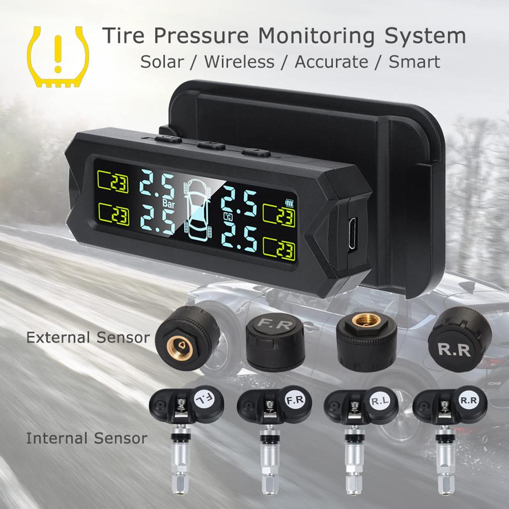 ROWCES Tire Pressure Monitoring System, Solar Powered TPMS, 5 Alarm Modes, Auto Backlight LCD Display, 4 Sensors 0-81 PSI