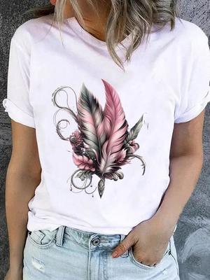 (Asian Size) Sweet Feather Cute Casual Short Sleeve T Tee Top Clothing Shirt Women Printed Lady Fashion Female Graphic T-shirts