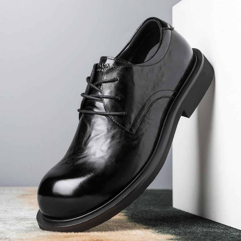 New Business Dress First Layer Cowhide Shoes British Style Men's Shoes Fashion Big Round Head Leather Men's Shoes Tide
