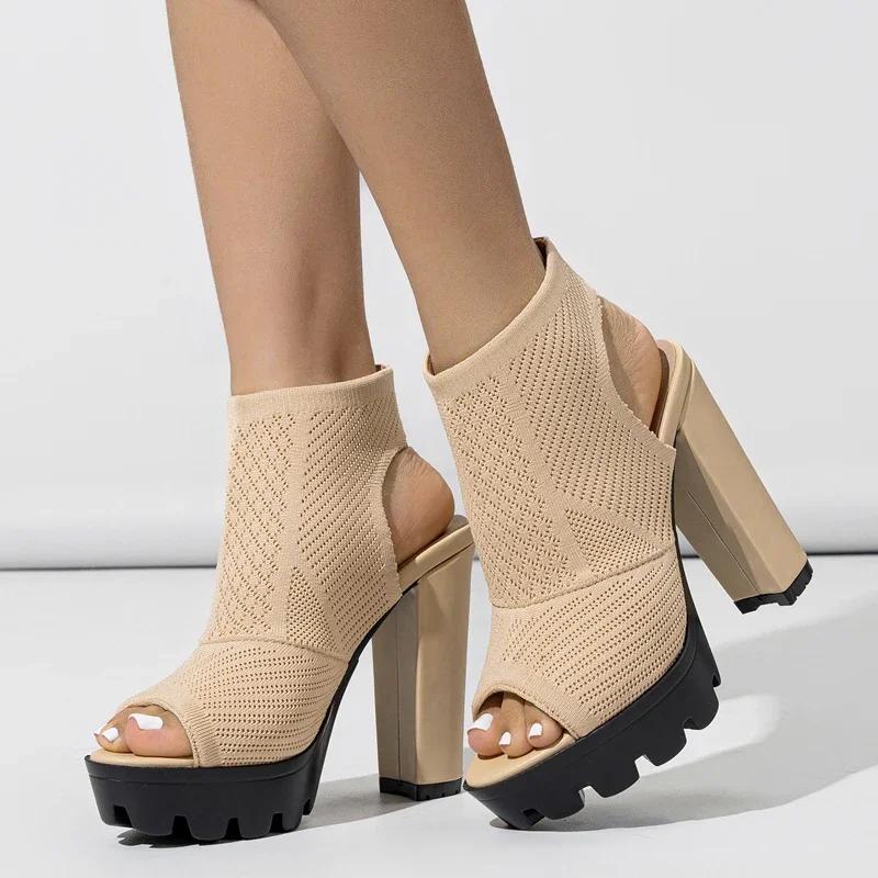 

Fashion Eilyken Summer Stretch Fabric Sandals Womens Square High Heels Shoes Roman Style Open Toe Banquet Zapatos De Mujer 35 абрикосовый