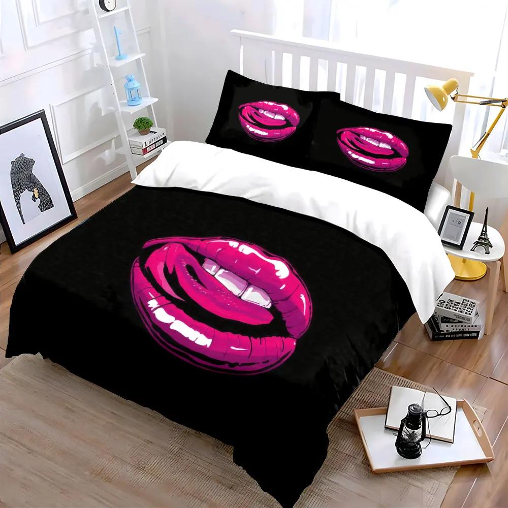 Lebendige Lippen Kunst Dekor Set Weiche Bequeme Bettbezug Bettwäsche Set Enthalten 1*Bettbezug & 2*Kissenbezüge Geschenk