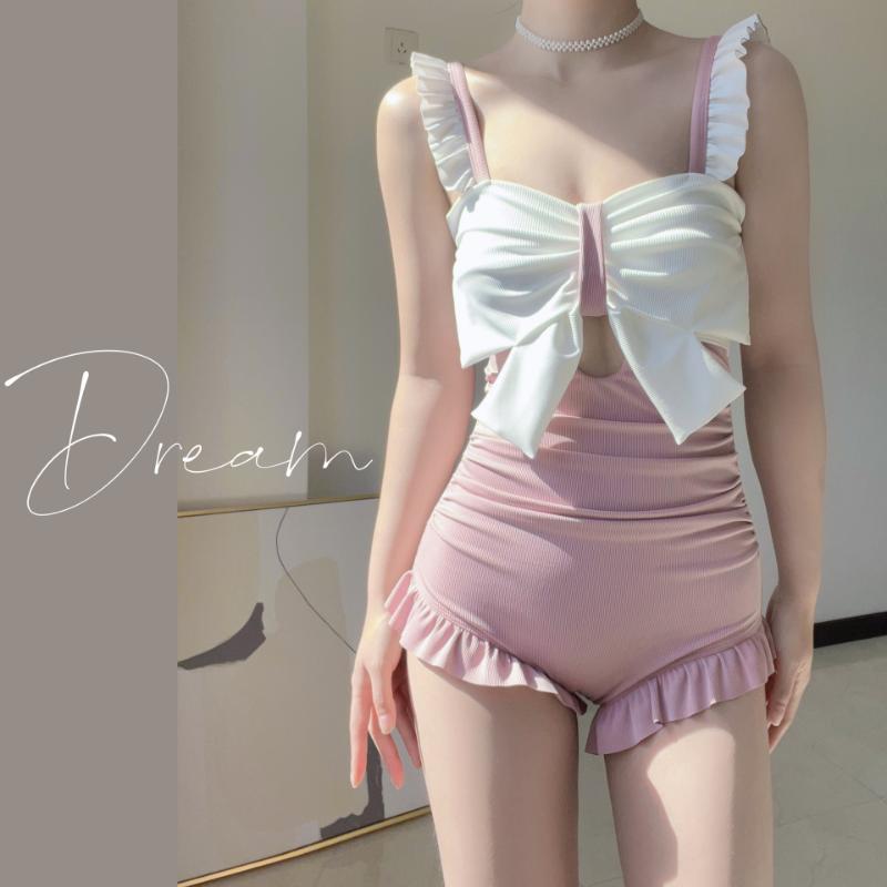 Bow Swimming Suit Women's Spa One-piece Swimwear South Korea Ins Obscure Belly Showing Thin Halter Sexy Beachwear