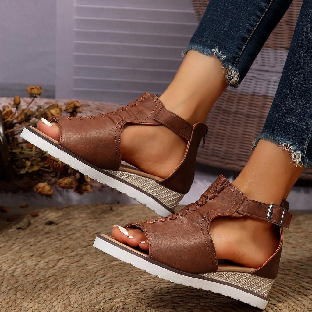 Shoes rear zipper buckle fish mouth wedge heel platform sandals European and American hollow buckle open-toed sandals