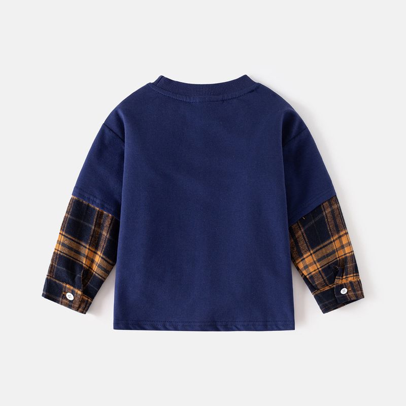 Spring and Autumn Boys' Pure Cotton Fake Two Pieces Long Sleeves T-shirt K-style Children Letters Kids Drop-Shoulder Sleeve Bottoming Shirt