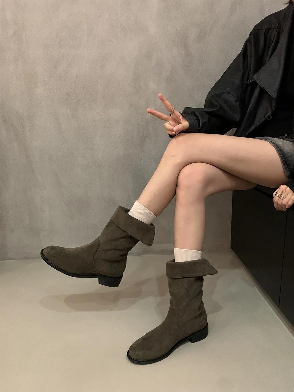 

Женские сапоги на высоком каблуке с плиссировкой до середины голени, осенне-зимние женские модные кожаные сапоги в стиле вестерн, женские сапоги-ковбойши с острым толстым каблуком 39 коричневый