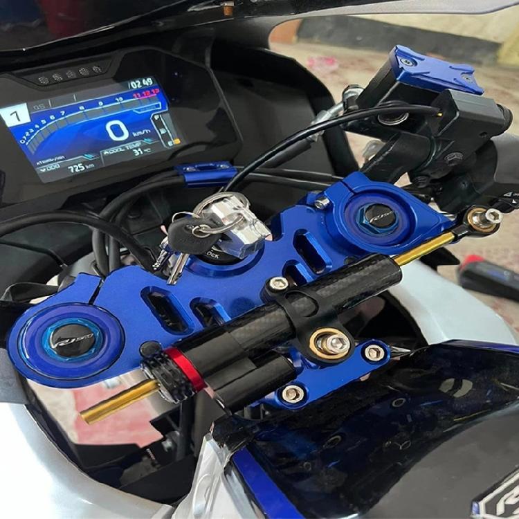 Adjustable Steering Damper Stabilizer for Motorcycles, Short Cylindrical Layout with Mounting Clamp for Street, Commuting and Winding-Road Use