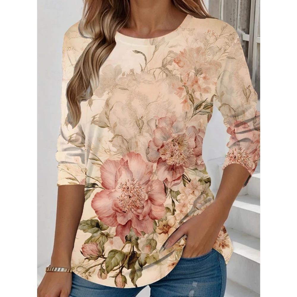 Tops for Women Floral Print Round Neck Long Sleeve T-shirt Fall Casual Slim Pullover Women's Long Sleeve Top
