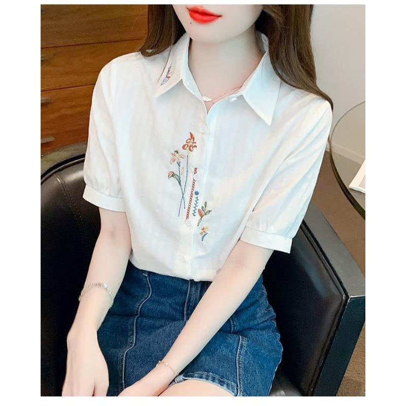 Womens Pink Floral Embroidered Button Down Shirt Casual Short Sleeve Puff Sleeve Blouse