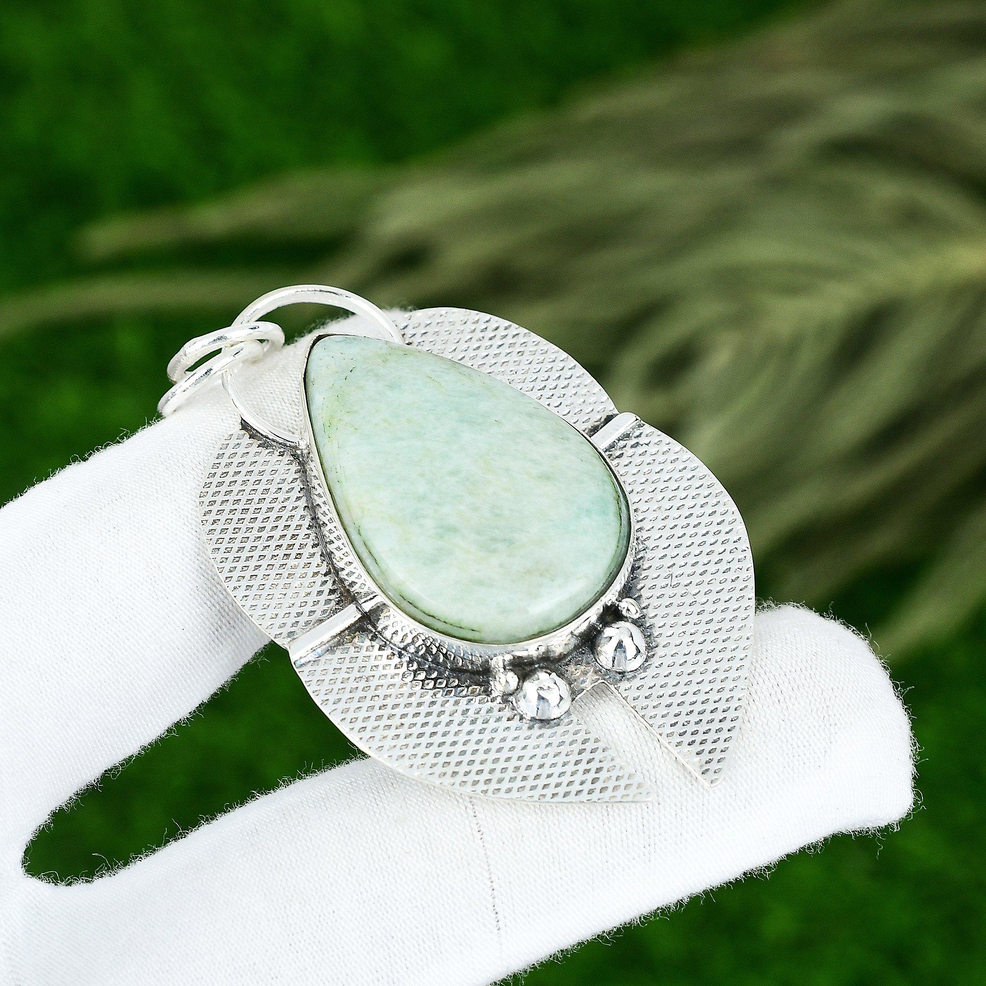 

Natural Amazonite Gemstone Pendant Handmade 925 Sterling Silver Indian Jewelry