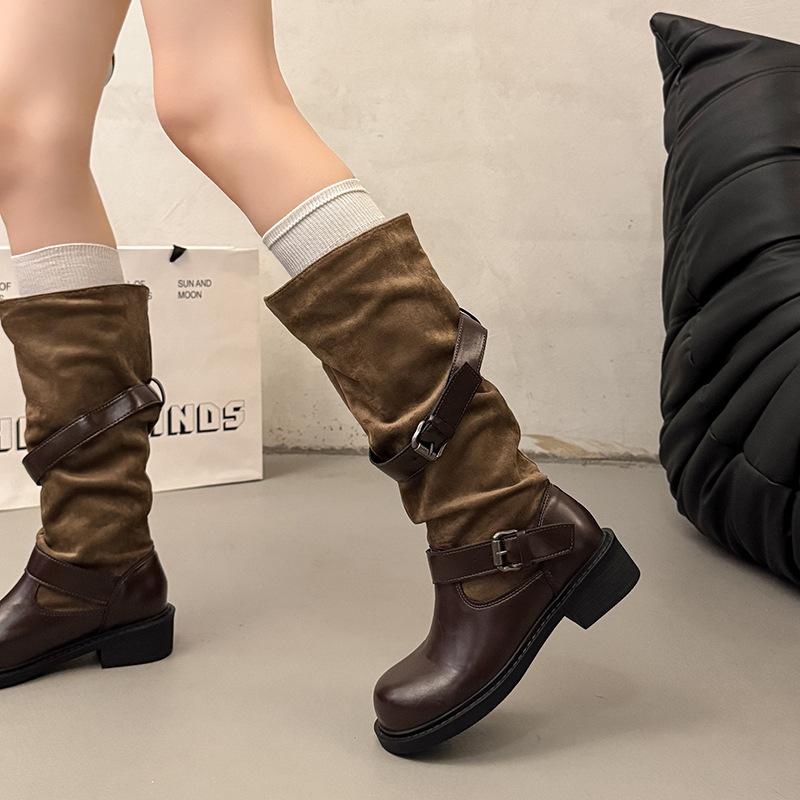 New retro belt buckle medium boots women's British style thick heel round head knight boots slim pile boots