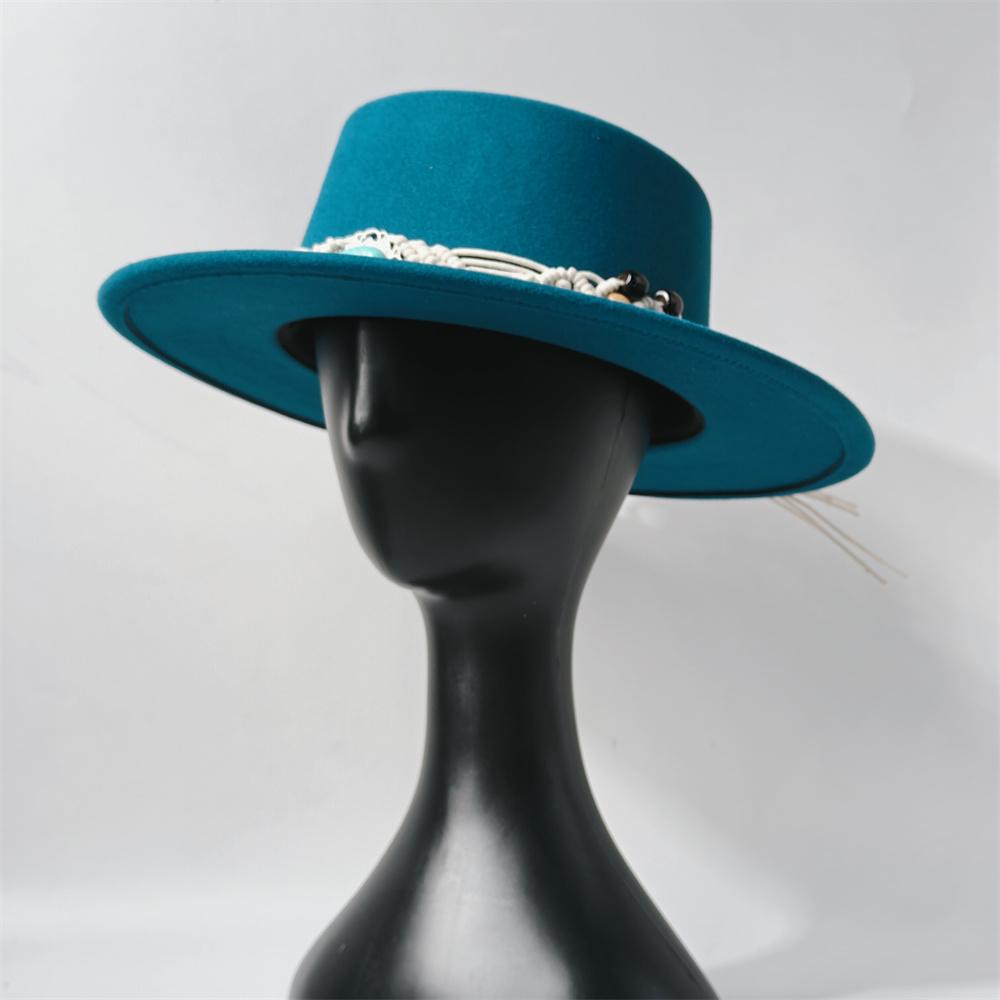 TurquoiseFedora Hat Women Men Autumn Winter Classic Felt Wide Brim Flat Top Jazz Panama Hat Casual Party Church Hat
