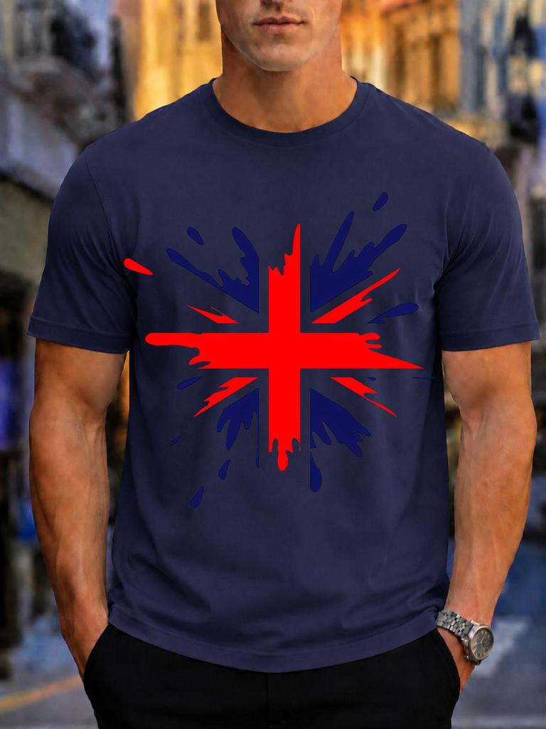 2026 New Arrival Pure Cotton Tshirt Splash Ink Uk Union Jack Flag Print Crew Neck Unisex Casual Short Sleeve