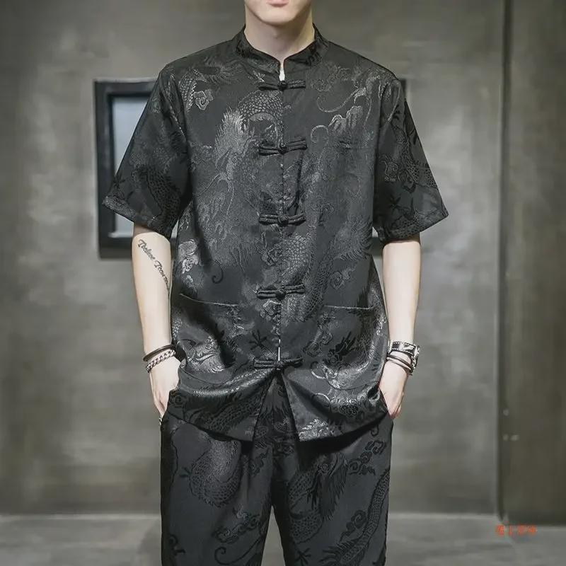Herren-Tang-Hemd aus Eisseide mit Drachenmuster im chinesischen Stil – kurze Ärmel, lockere Passform