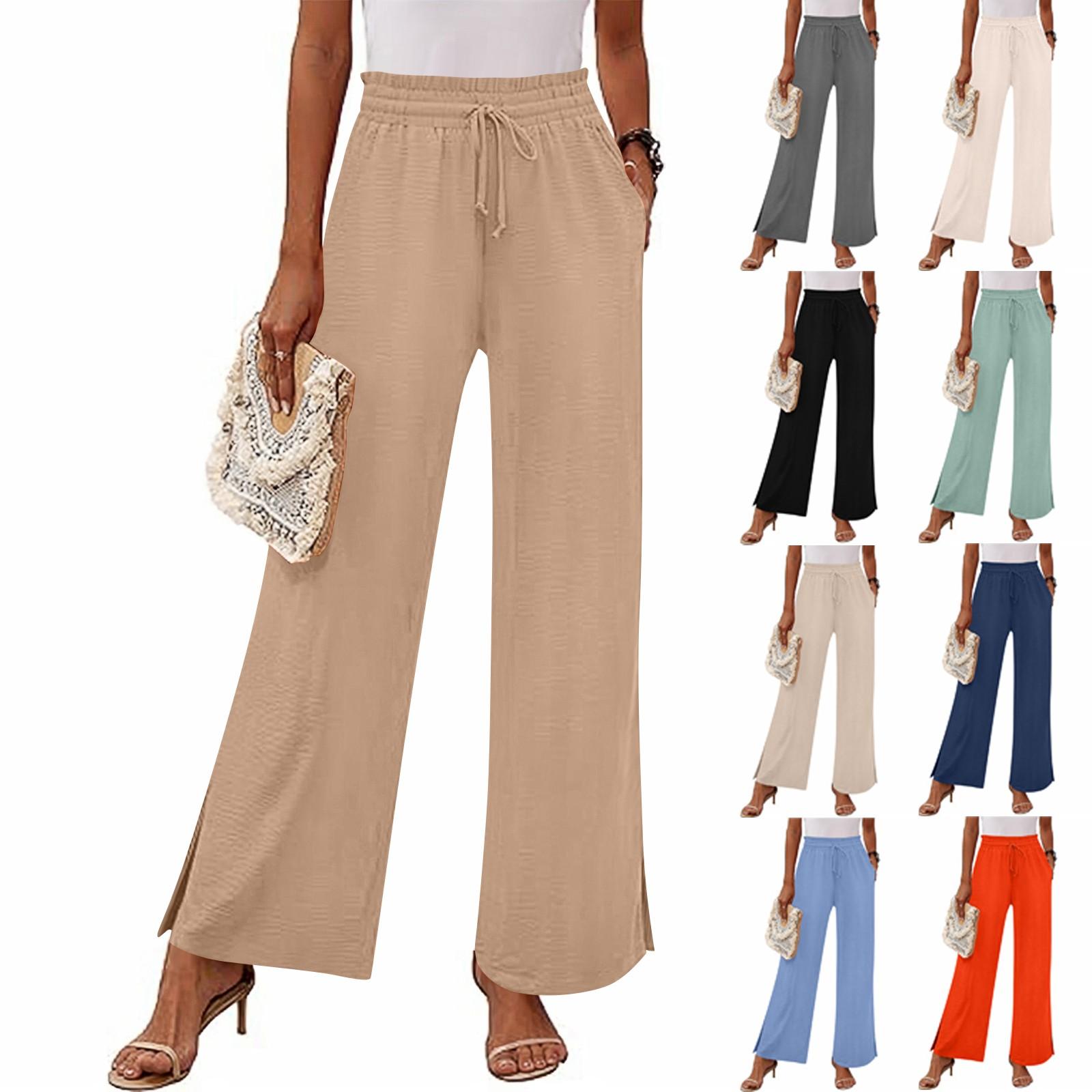 

Women s Fashion Loose Wide Leg Pants Slits At The Cuffs Elastic Waist Drawstring Pockets Casual Pants XL білий