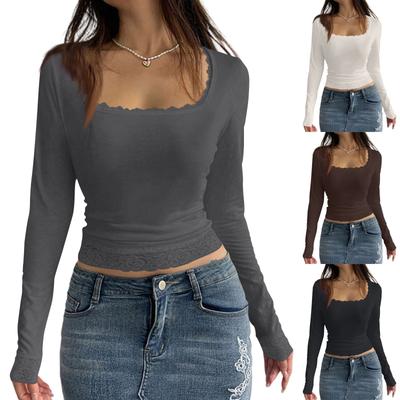 Women's Cotton Long Sleeve Lace Patchwork Navel-Exposed Square Neck T-Shirt