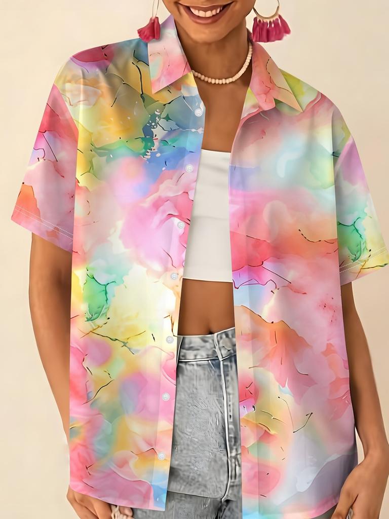 Love printed short-sleeved shirt women's summer loose casual lapel shirt retro niche top