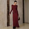 2025 Wine Red Slim Fit Knitted Long Dress with Metal Accents