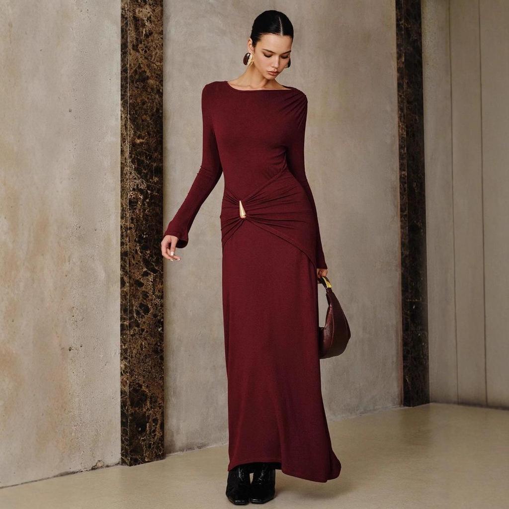 2025 Wine Red Slim Fit Knitted Long Dress with Metal Accents