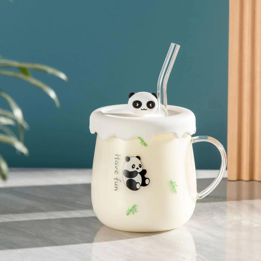 Kawaii Cups Cute Panda Glass Cup With Straw Cap Spoon Coffee Breakfast Cup Beer Mug Cups and Mugs Free Shipping Drinking Glasses