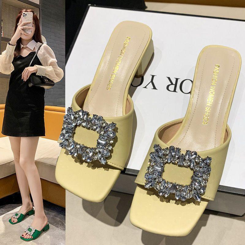 Fairy Cool Slippers Outer Wear Mid-heeled Slippers Female Summer Thin Internet Celebrity Explosion Skirt Rhinestone Thick Heel Square Head