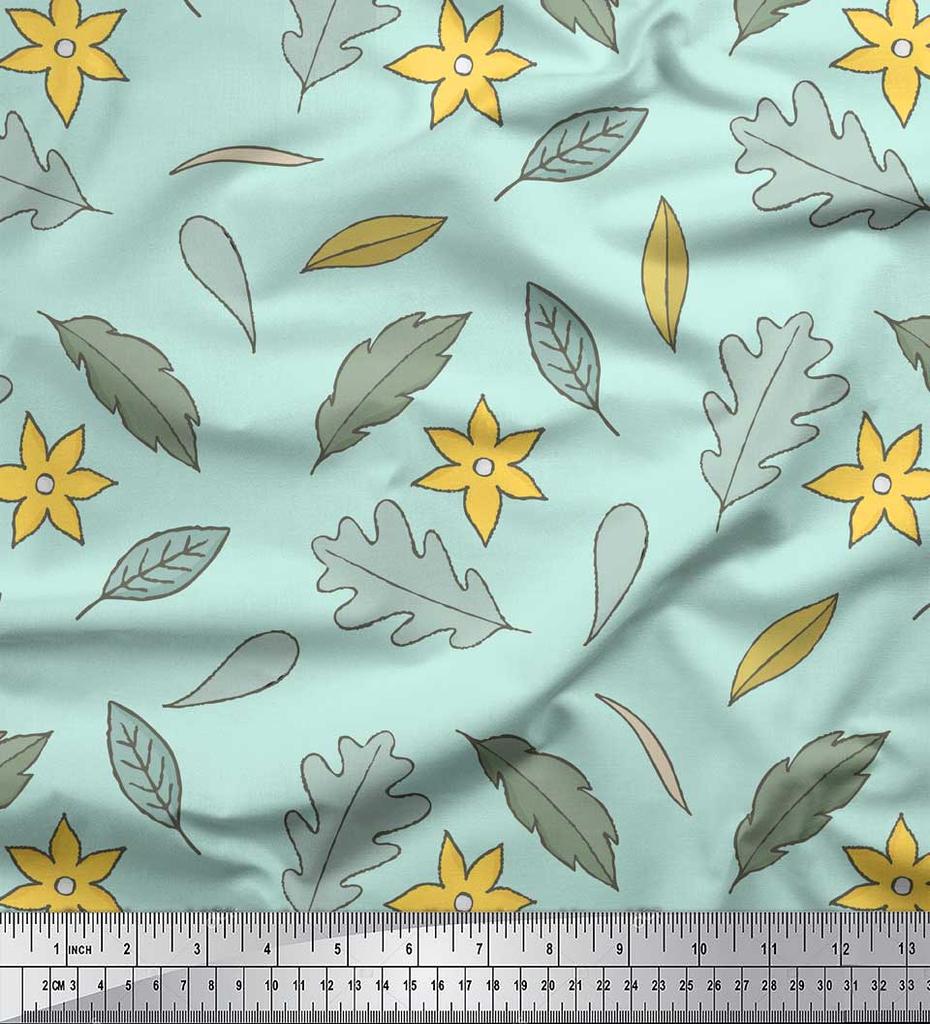 Soimoi Gray Japan Crepe Satin Fabric Leaf Floral Decor Fabric Printed Metre 42 Inch