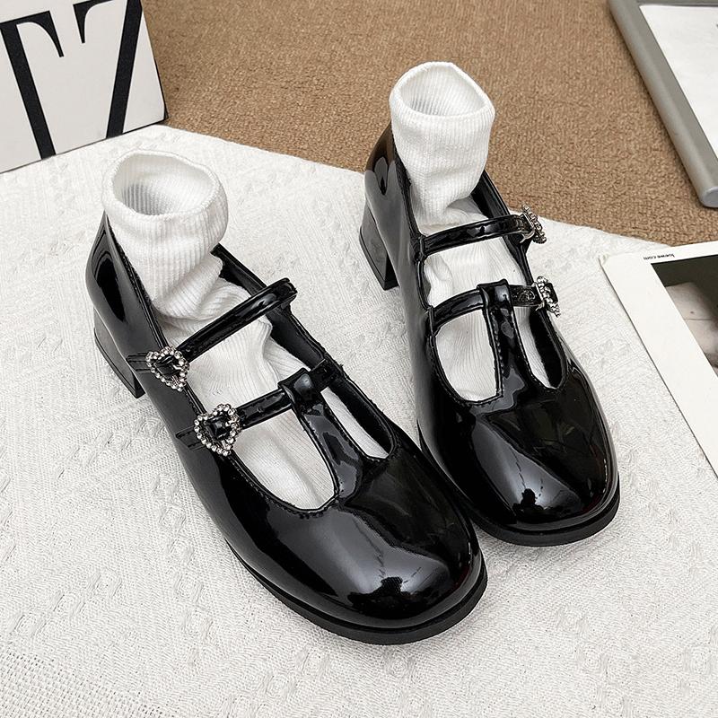 Fashion Spring Autumn Women Double Buckle Mary Janes Shoes Patent Leather Dress Lolita Shoes High Heels Pumps Retro Ladies tabi Shoes