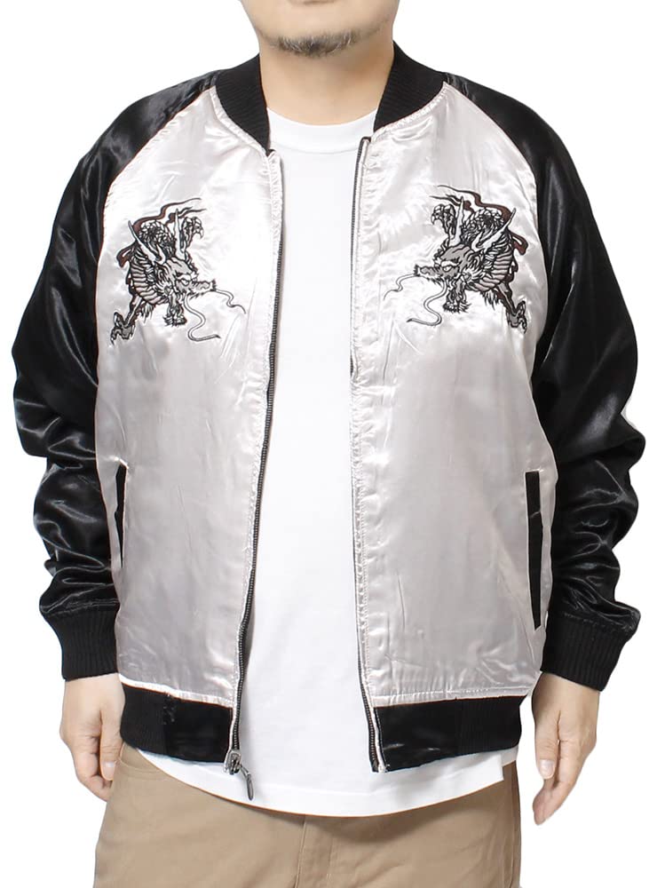 Sukajan Large Size Reversible Tiger Pattern Dragon Pattern Japanese Pattern Embroidery Print Satin Blouson 3L Black [One Colors] Men's MA-1