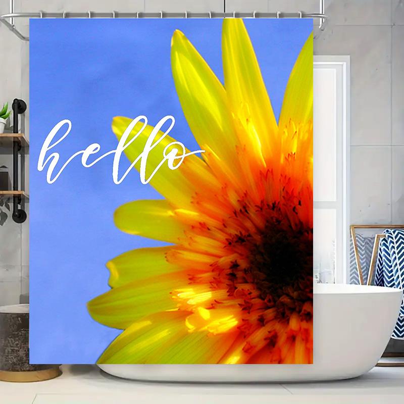 Hello Sunflower Shower Curtain Blue Background with Bright Yellow Flower Design for Bathroom Decor Polyester Fabric Waterproof H