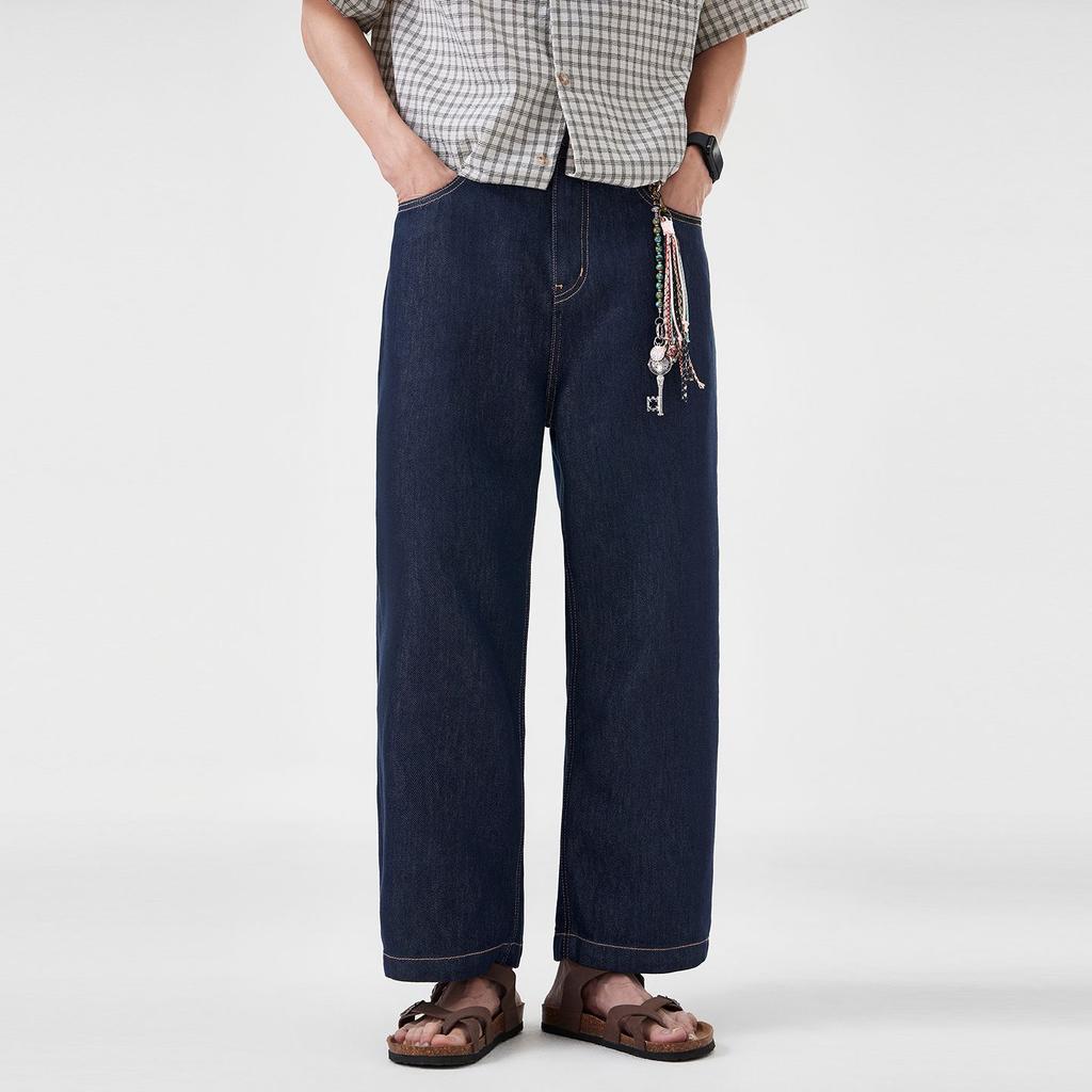 Spring and summer new denim primary color jeans men's American retro trendy brand loose wide-leg straight nine-point pants