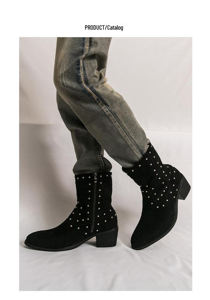 Men's Large Suede Leather Rivet Pointed Toe Ankle Boots - Medium Heel Fashion Knight Boots