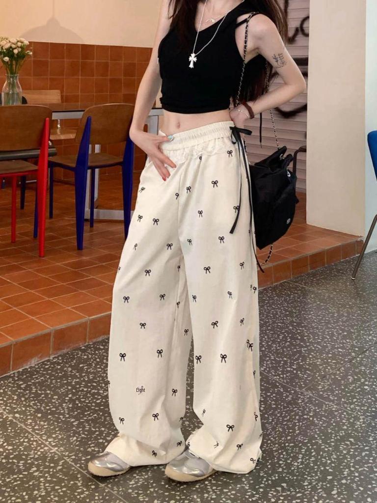 Women's Lace Patchwork Bow Pants – Sweet & Spicy, Summer Casual, Loose Elastic Wide Leg