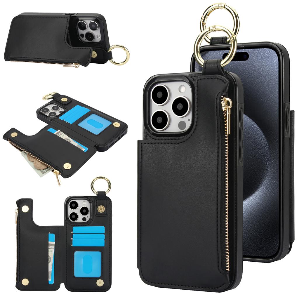 Zipper Cards Solt Wallet Ring Holder Leather Case For iPhone 16 Pro Max 15 Plus 14 13 12 11 Double Buckle Magnetic Rfid Cover
