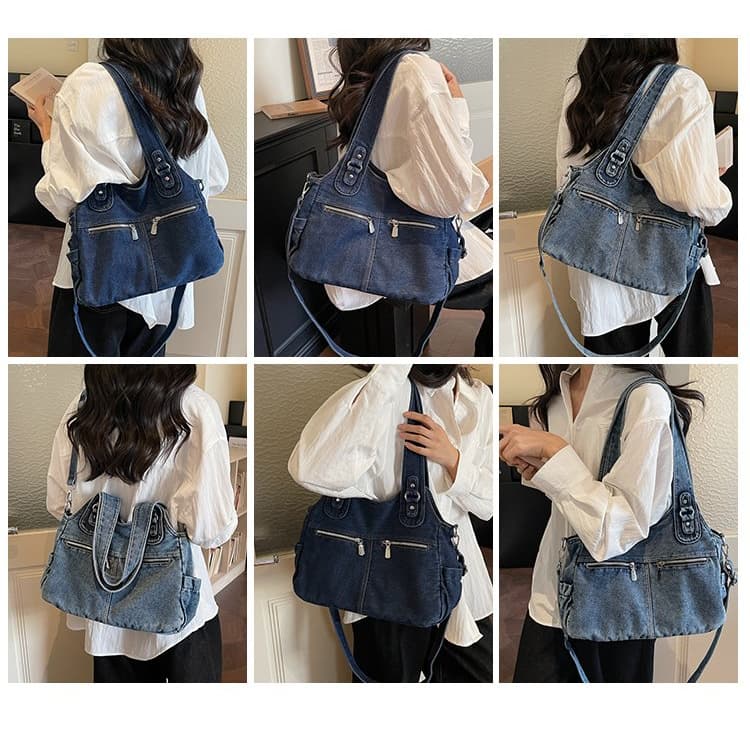 Bolsa tote de brim lavado de grande capacidade bolsa de ombro feminina