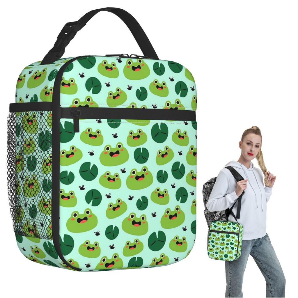 Cartoon Niedliches Froschmuster auf Lotusblättern Isolierte Lunchtasche für Damen Kinder Auslaufsichere Lebensmittelboxen Thermische Lunchbox Tragetasche