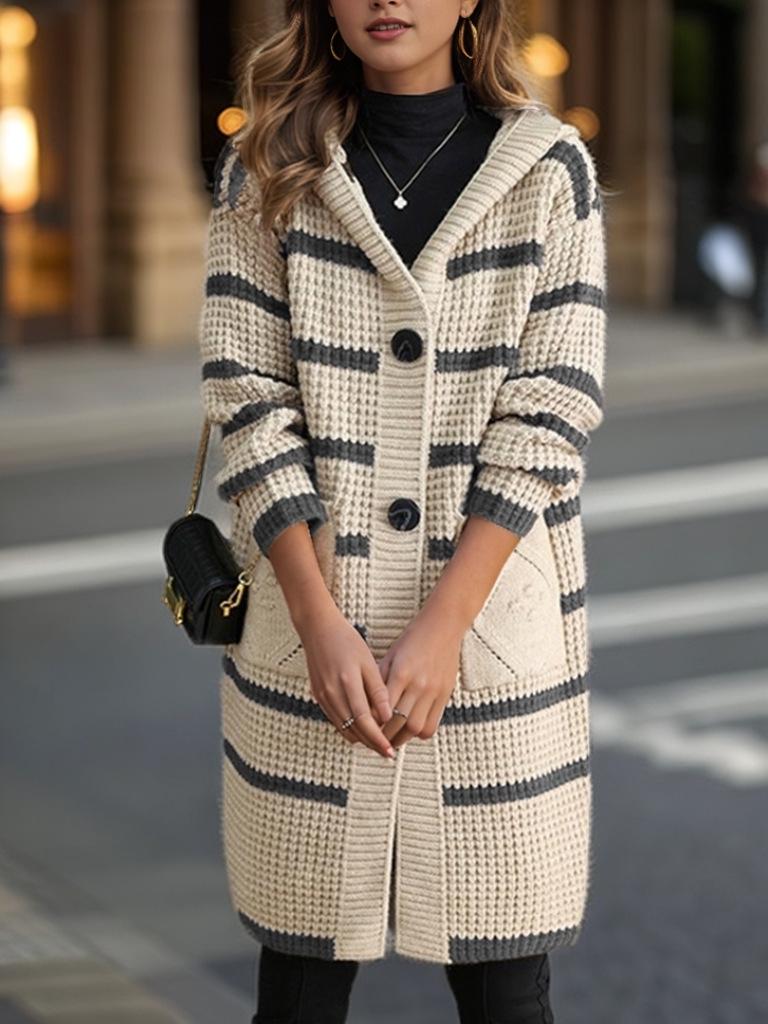Cardigan Tricot rayé pour femme Automne/Hiver 2024 - Manteau pull à capuche mi-long