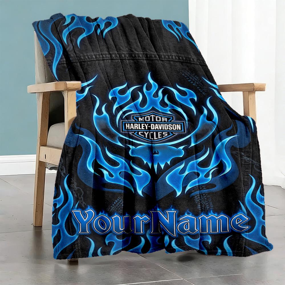 Harley-davidson Motorcycles Personalized Name Blanket Multi-purpose Customizable Blanket Comfortable Perfect for Nap Bed Living Room Sofa