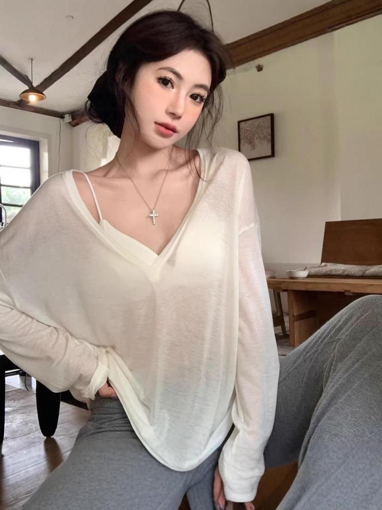 Tencel V-neck Ribbed Sheer Long Sleeve Loose Sun Protection Women's Top