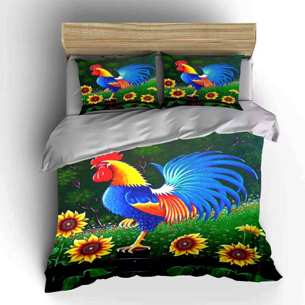 Colorful Rooster Floral Wall Art Multiple Sizes Kid'S And Adults' Bedroom Exquisite 3Pc Bedding Set, Gift