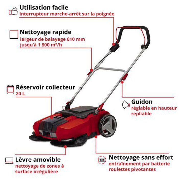 Einhell balayeuse sans fil te-sw 18/610 li-solo pxc (18v, collecteur de 20 litres) livré sans batterie ni chargeur