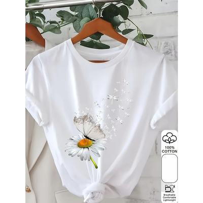 Taglie Europee T-shirt da Donna con Stampa Margherita e Libellula - Manica Corta Girocollo Top Casual, Traspirante Vestibilità Regolare Lavabile in Lavatrice T-shirt Primavera Estate