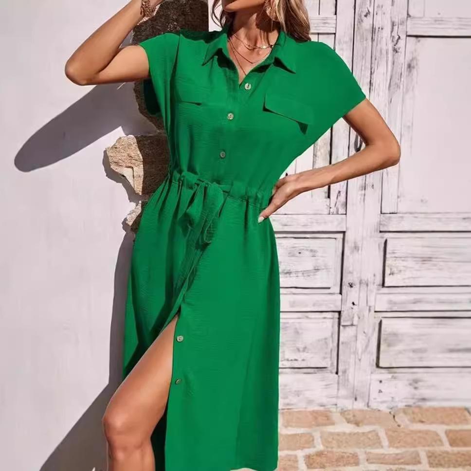 2024 Women's Fashionable Shirt Collar Waist-Cinching Dress with Waistband