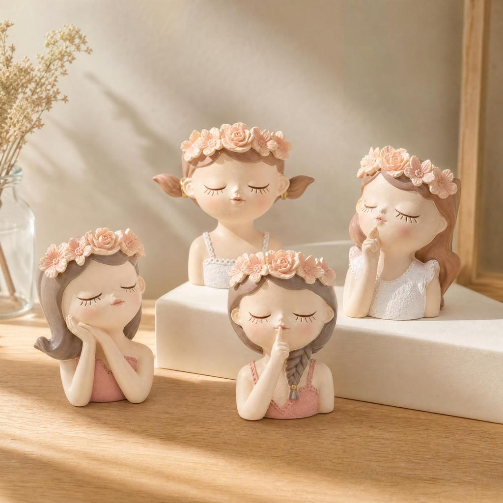 4 Pieces Girl Bust Planter with Floral Headpiece Decorative Hairstyle Head Artistic
