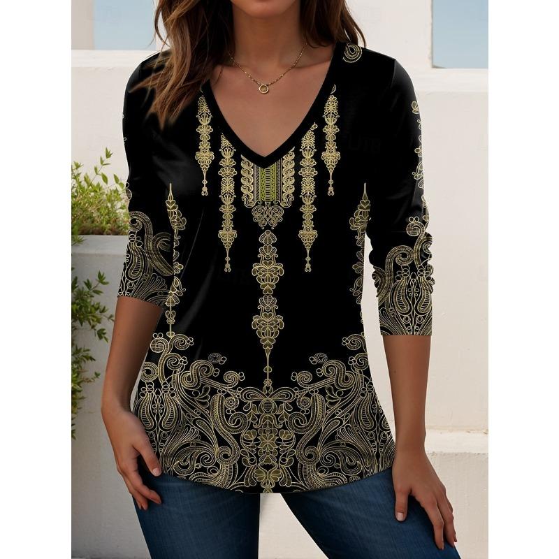 

Женская элегантная футболка с V-образным вырезом, этническим ретро-принтом и длинными рукавами, из мягкого полиэстера, идеально подходит для повседневной носки осенью и зимой. Топы S