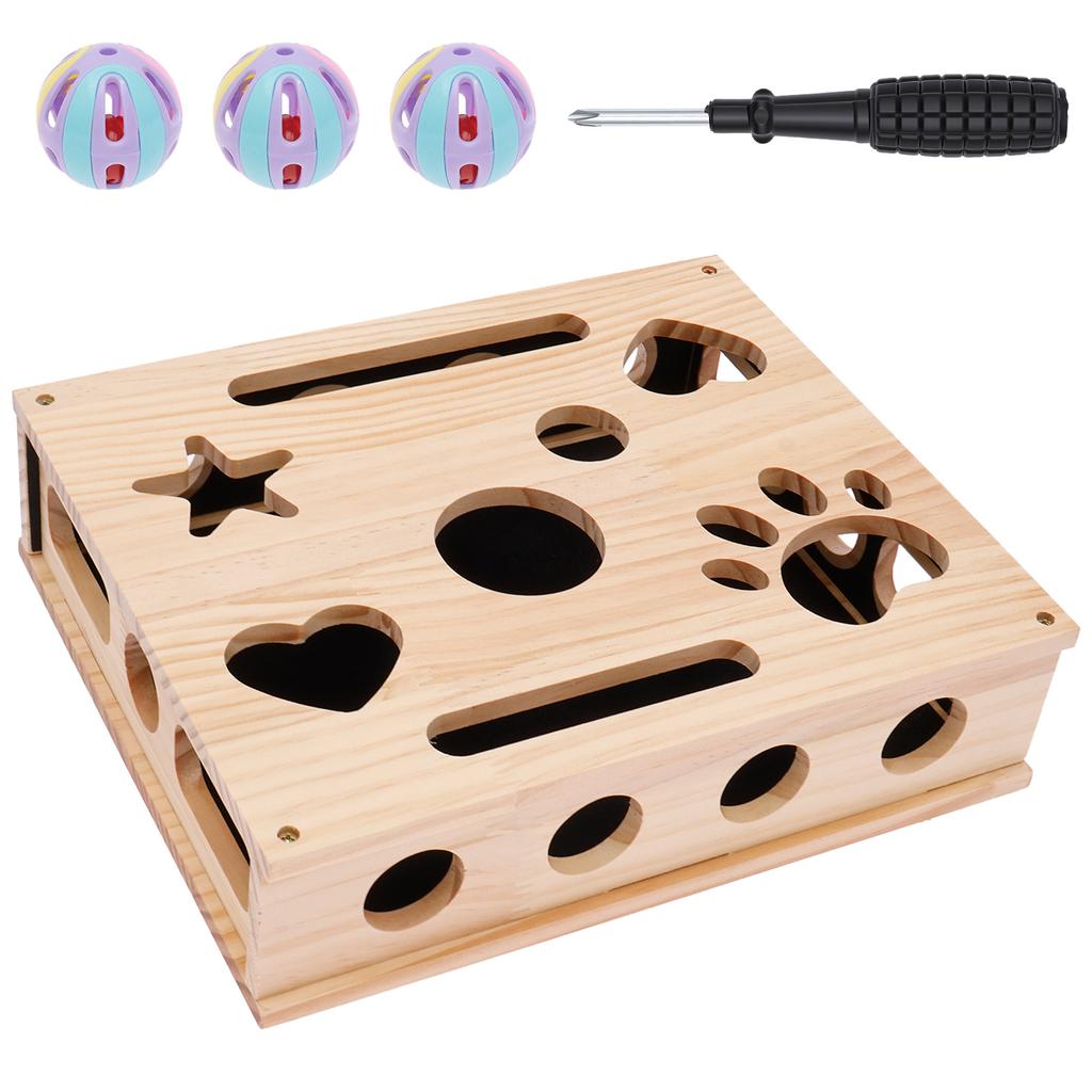 Interactive Cat Puzzle Toy Nail File Scratch Board Enrichment Box Wooden with 3 Bell Ball for Pet Exercise Boredom Relief