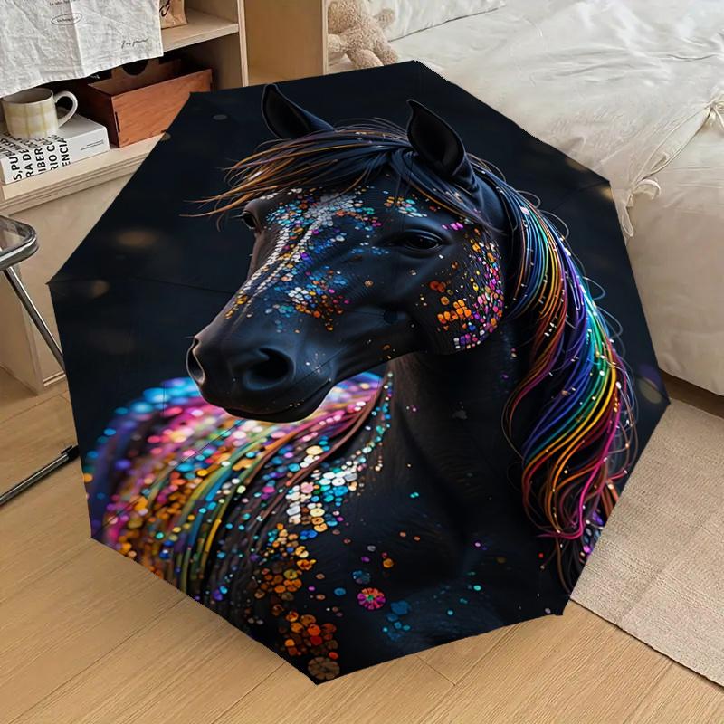 Colorful Sequin Horse Head Automatic Opening Folding Umbrella with Rainbow Mane - Outdoor Rain Gear for Fans, Travelers, Everyday Use, Festi