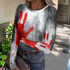 Women Casual Long Sleeve Ribbed Top Halloween Print Pullover Crew Neck Stretchy Slim Fit Shirt for Daily Wear