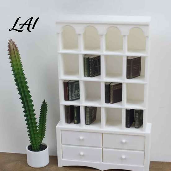 Sand Table Landscaping Props Miniature Dollhouse Bookcase 1:12 Scale Retro Arched Display Cabinet with Drawers Furniture Matte Black Simulation for