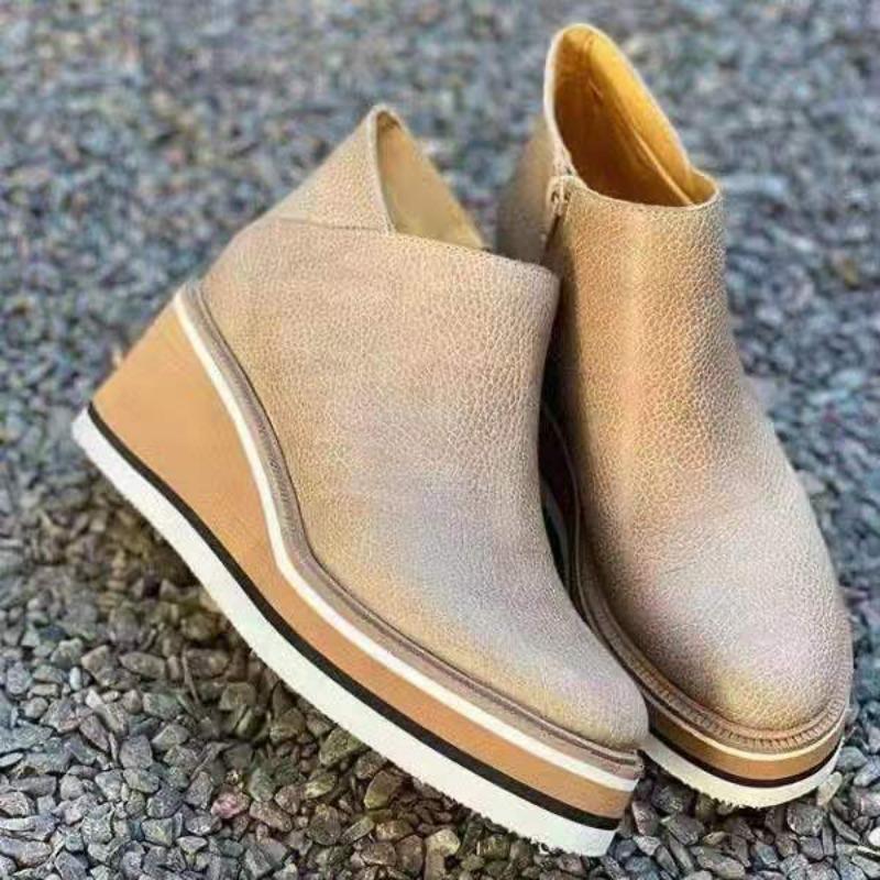 Autumn and winter new European large size wedge heel short boots women's flat bottom side zipper shallow mouth bare boots women's shoes
