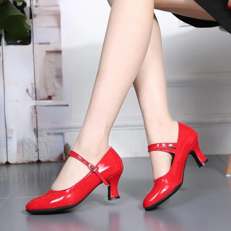 Bright Leather Dance-Shoes for Woman Girls Ladies Latin Ballroom Modern Salsa Practise Dancing Shoes Closed Toe Soft Rubber Sole