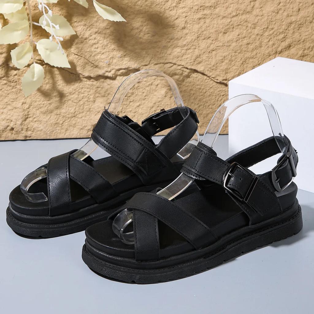 Fashion Large Size Sandals Women 2025 Summer New Black Platform Middle Heel Casual Ladies Shoes Roman Style Buckle Beach Sandales Femmes